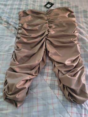 Women's Faux Leather Bermuda Ruched Pants in Taupe
